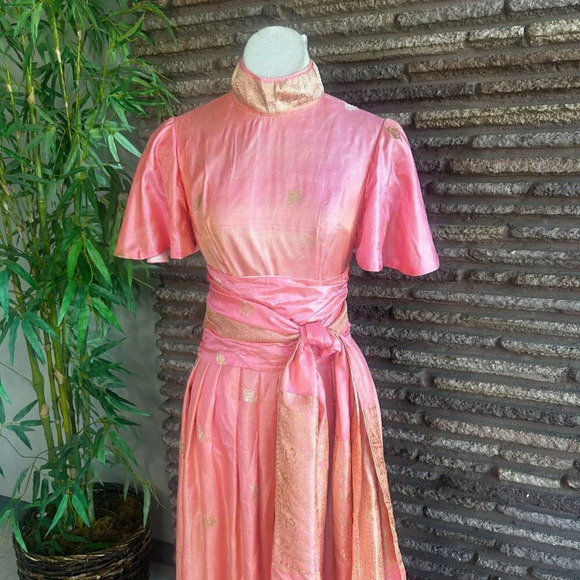 Vintage Handmade Ethnic Mid Eastern Salmon Pink Gold Maxi Dress Flutter Sleeves - Picture 3 of 12